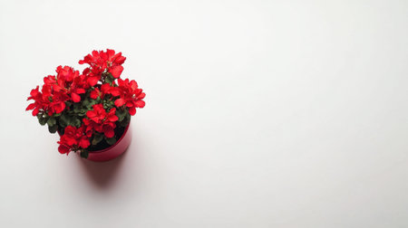 A stunning display of red blossoms in a pink pot positioned on a clean white surface, ideal for floral decor, nature themes, and artistic inspiration.の素材