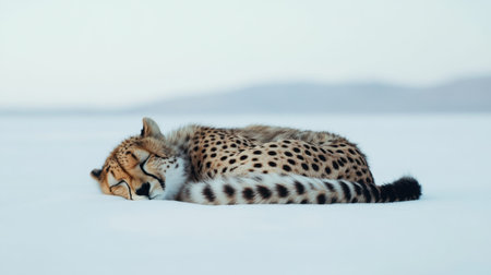 A sleepy cheetah lies peacefully on a blanket of snow, showcasing its unique fur pattern and relaxed posture. The soft natural light enhances the serene winter atmosphere.の素材