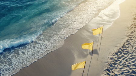This image features three yellow flags standing tall on a pristine sandy beach, where gentle waves kiss the shore under bright sunlight, creating a peaceful coastal scene.の素材