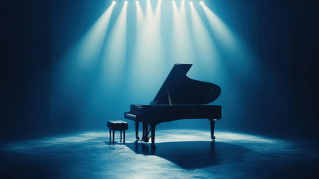 A stunning grand piano takes center stage illuminated by dramatic blue lights, creating a serene and artistic ambiance perfect for music performances.の素材