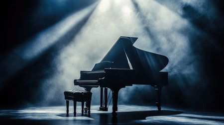 A stunning grand piano stands alone in a dramatic spotlight, surrounded by mist and shadows, creating a captivating atmosphere perfect for musical performances.の素材
