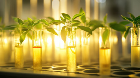 A serene scene in a laboratory showcasing test tubes with plant samples, illuminated by soft golden light, emphasizing the beauty of nature and science.の素材