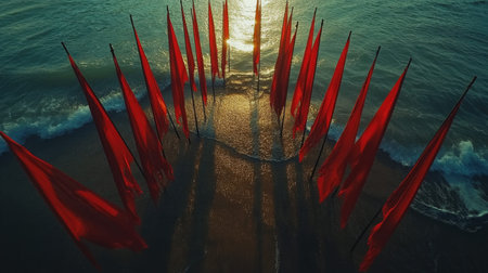 A stunning scene of red flags standing on a beach at sunrise, casting long shadows on the wet sand while gentle waves lap at the shore.の素材