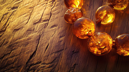 This image captures a stunning close-up of amber beads resting on a textured wooden surface, highlighting their warm color and reflective qualities.の素材