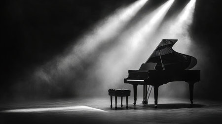 A stunning grand piano illuminated by soft light beams in a smoky atmosphere, creating an elegant and dramatic scene perfect for musical or artistic themes.の素材