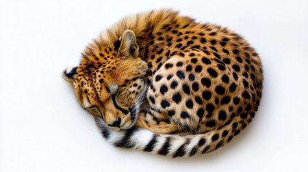 A serene image of a sleeping cheetah curled up in a cozy position, showcasing its captivating fur patterns and peaceful demeanor. Perfect for wildlife enthusiasts.の素材