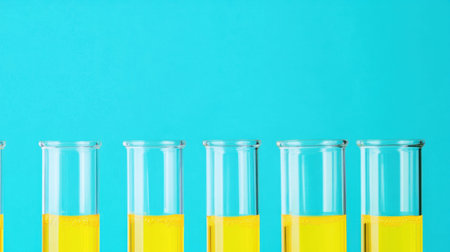 This image features several test tubes filled with vibrant yellow liquid, set against a striking blue background. Perfect for scientific or creative projects.の素材