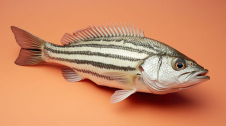 A stunning image of a fish with distinctive stripes set against a soft orange backdrop, emphasizing the beauty and detail of aquatic life and nature.の素材