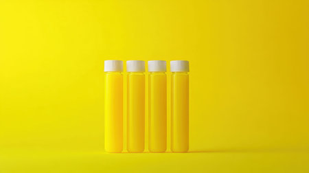 Four bright yellow bottles with white caps arranged against a vivid yellow background, creating a dynamic and modern visual ideal for various creative projects.の素材