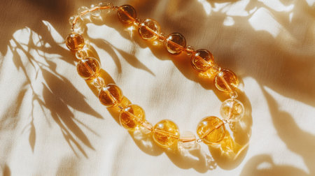 A stunning amber bead necklace rests gently on soft fabric, illuminated by natural sunlight, creating beautiful shadows and highlights that enhance its elegant design.の素材