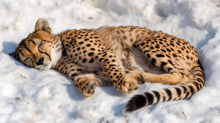 A serene image of a playful cheetah sleeping peacefully on the soft snow. This winter scene captures the tranquility and beauty of wildlife in a natural habitat.の素材