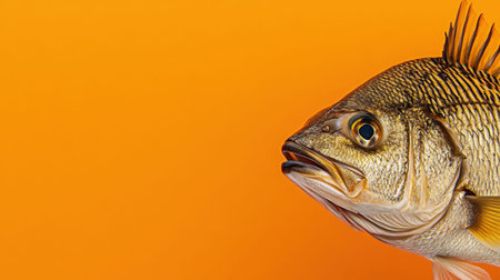 A stunning close-up of a fresh fish showcasing intricate scales and vibrant colors against a bold orange background. Ideal for culinary and nature themes.の素材