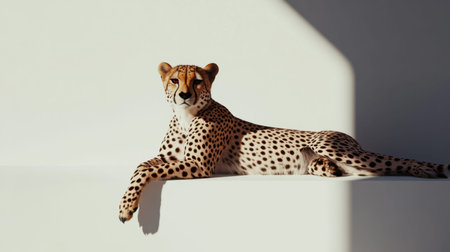This image captures a serene cheetah reclining gracefully on a minimalist surface, illuminated by soft light that creates gentle shadows, showcasing its beauty.の素材