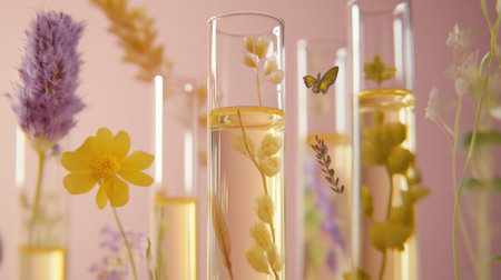 This captivating image features elegant glass vials showcasing an array of colorful flowers and natural elements, illuminated with soft lighting. Perfect for aesthetic and nature-themed designs.の素材
