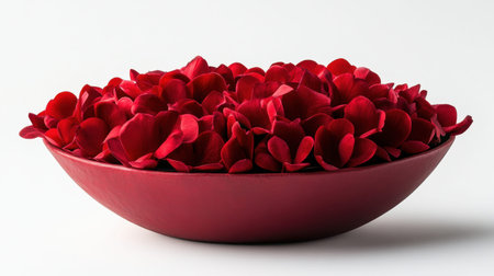 A stunning arrangement of vibrant red rose petals fills a shallow bowl, creating an eye-catching display perfect for events, decorations, or romantic settings.の素材