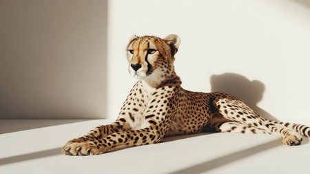 A striking cheetah lounges gracefully in a sunlit room, showcasing its stunning fur patterns and serene demeanor against a minimalist backdrop.の素材