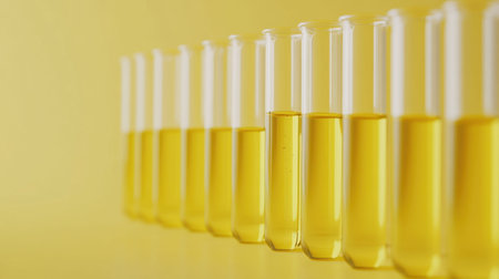 A row of elegant glass vials filled with golden oil, set against a vibrant yellow backdrop. Ideal for themes of beauty, wellness, and natural ingredients.の素材