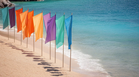 Brightly colored flags sway gently in the breeze on a sandy beach alongside calm turquoise waters, creating a serene and picturesque seaside atmosphere.の素材