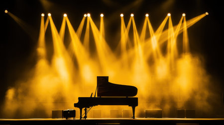 A captivating silhouette of a grand piano stands on stage, illuminated by vibrant yellow lights, creating a dramatic atmosphere perfect for musical performances.の素材
