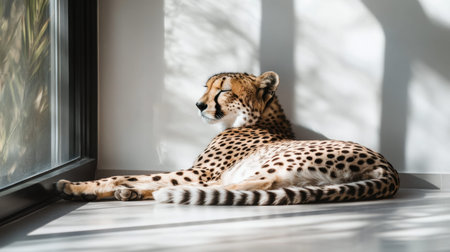 A beautiful cheetah lounges gracefully by a sunlit window, displaying its mesmerizing pattern under soft light. The serene scene captures a moment of relaxation and tranquility, highlighting the elegance of wild nature within an indoor setting.の素材