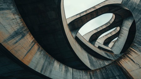 Explore an intriguing perspective of modern urban architecture featuring dynamic concrete curves. This image captures the artistry and engineering in unusual formations.の素材