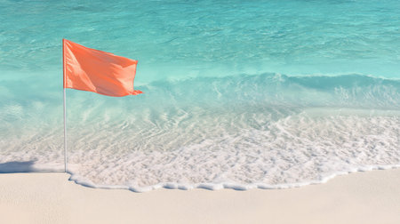 This serene image captures an orange flag gently waving at the sandy shoreline, where turquoise water meets gentle waves, embodying a peaceful beach vibe.の素材