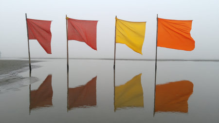 A serene view of colorful flags in red, yellow, and orange, standing tall on poles in a misty landscape, beautifully reflecting on calm water.の素材