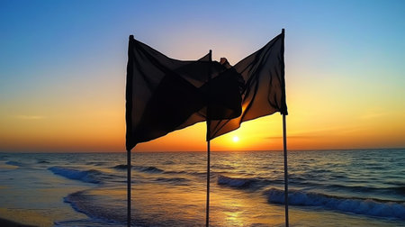 A stunning silhouette of flags gently waving against a vibrant sunset over an ocean waves backdrop, evoking feelings of tranquility and beauty.の素材
