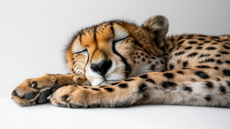A beautifully captured image of a sleeping cheetah, showcasing its soft fur and tranquil expression. The serene pose and gentle features highlight the beauty of this majestic animal.の素材