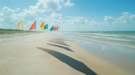 A serene beach scene featuring colorful flags lining the shore, casting long shadows on the wet sand, with soft waves rolling in under a clear blue sky.の素材
