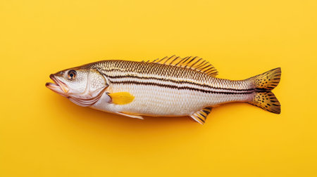 Captivating image of a freshly caught striped bass displayed on a bright yellow backdrop, highlighting its natural beauty and intricate details, perfect for food and nature enthusiasts.の素材