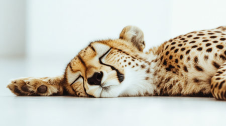A serene image of a sleeping cheetah, beautifully resting on a white surface in a softly lit indoor environment, showcasing its stunning spots and peaceful demeanor.の素材
