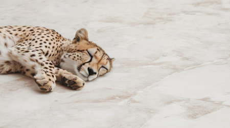 A peaceful cheetah rests on a smooth marble surface, illustrating the beauty of wildlife in a tranquil moment. This image captures the serenity and gentle presence of this majestic big cat, evoking a calming atmosphere perfect for nature enthusiasts.の素材