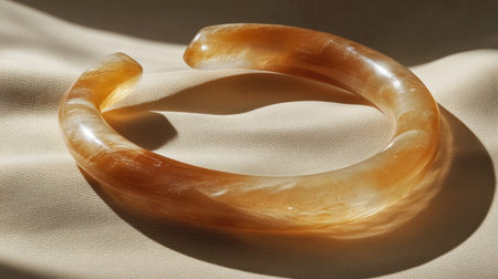 This image features an elegant orange bangle bracelet placed on soft fabric, highlighting its smooth texture and gentle curves in natural light.の素材