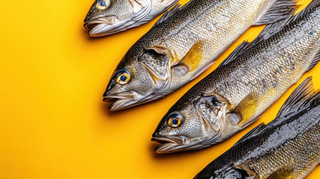 This vibrant image features freshly caught fish beautifully arranged on a bright yellow background, ideal for culinary presentations and food-related projects.の素材