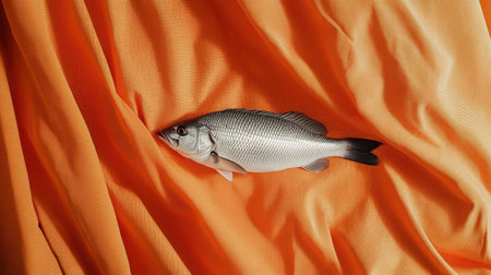 A fresh fish lies atop a vibrant orange fabric, creating a striking visual contrast. This close-up image captures the unique textures of the fish and the fabric, ideal for seafood and culinary presentations.の素材
