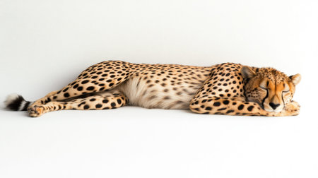 A striking image of a relaxed cheetah resting peacefully against a clean, white backdrop. The photograph captures the serene beauty and graceful form of this majestic predator, emphasizing its soft fur and distinctive spots.の素材