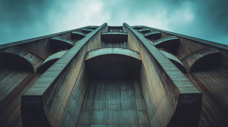 Captivating angle of a striking architectural structure, showcasing its textured concrete facade, intricate patterns, and the contrasting moody sky.の素材