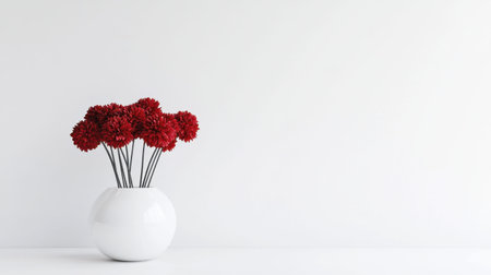 A striking arrangement of vibrant red flowers in a sleek white vase, ideal for enhancing minimalist interior spaces with elegance and charm.の素材