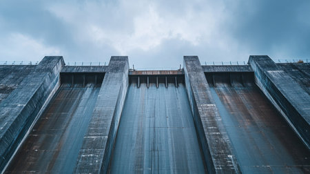 This image captures a stunning view of a large concrete dam under an overcast sky, showcasing the strength of engineering and the beauty of nature combined.の素材