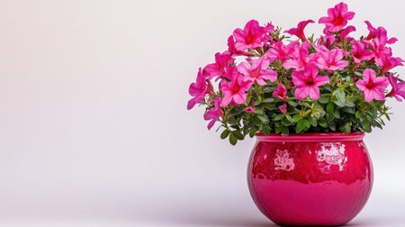 A stunning arrangement of bright pink azalea flowers in a glossy red pot rests against a soft neutral background, perfect for home decor inspiration.の素材