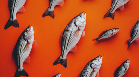 A vibrant collection of fresh fish arranged on a striking orange background showcases culinary beauty and freshness, perfect for cooking inspiration.の素材