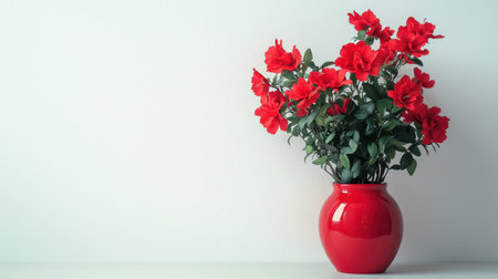 A striking arrangement of bright red flowers in a glossy red vase, set against a minimalist white background, perfect for bringing life to any modern space.の素材