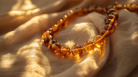 This image showcases a beautiful amber bead necklace placed elegantly on soft fabric, with sunlight creating captivating reflections and warmth.の素材