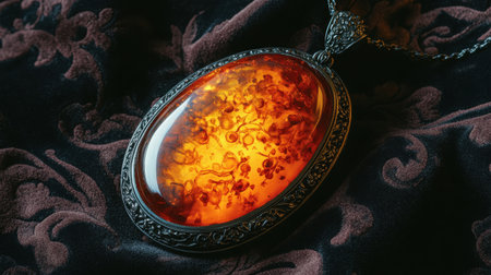 This striking amber pendant necklace showcases a beautiful floral design encased in intricate metalwork, resting elegantly on luxurious fabric, perfect for jewelry enthusiasts.の素材