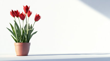 A stunning arrangement of red tulips in a terracotta pot set against a bright, minimalist background. This image captures the beauty and freshness of nature, perfect for floral decor or spring themes.の素材