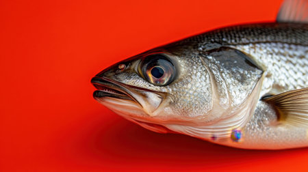 A captivating close-up of a fresh water fish showcasing its shiny scales and vibrant eye against a striking orange background, ideal for culinary and oceanic themes.の素材