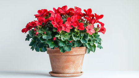 Stunning image of vibrant red geraniums in a terracotta pot, showcasing lush green leaves against a clean background, perfect for nature and decor themes.の素材
