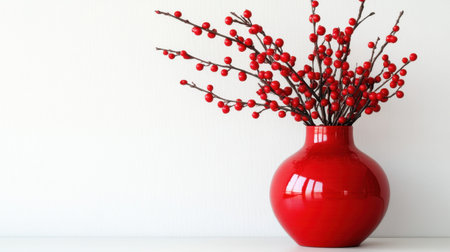 A stunning red vase filled with branches adorned with bright berries, creating a captivating focal point against a clean white background. Enjoy the beauty of minimalism.の素材