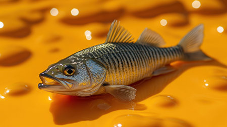 A stunning close-up of a freshwater fish resting on a vibrant yellow surface, showcasing intricate details in its scales and fins, surrounded by shimmering droplets of water.の素材